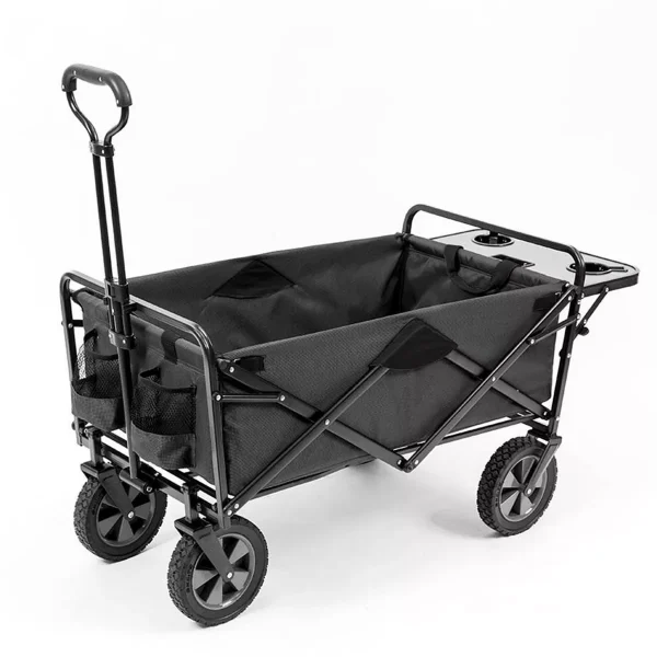 Sports Heavy Duty Steel Frame Collapsible Folding 150 Pound Capacity Outdoor Garden Utility Wagon Yard Cart with Table and Cup Holders, Grey